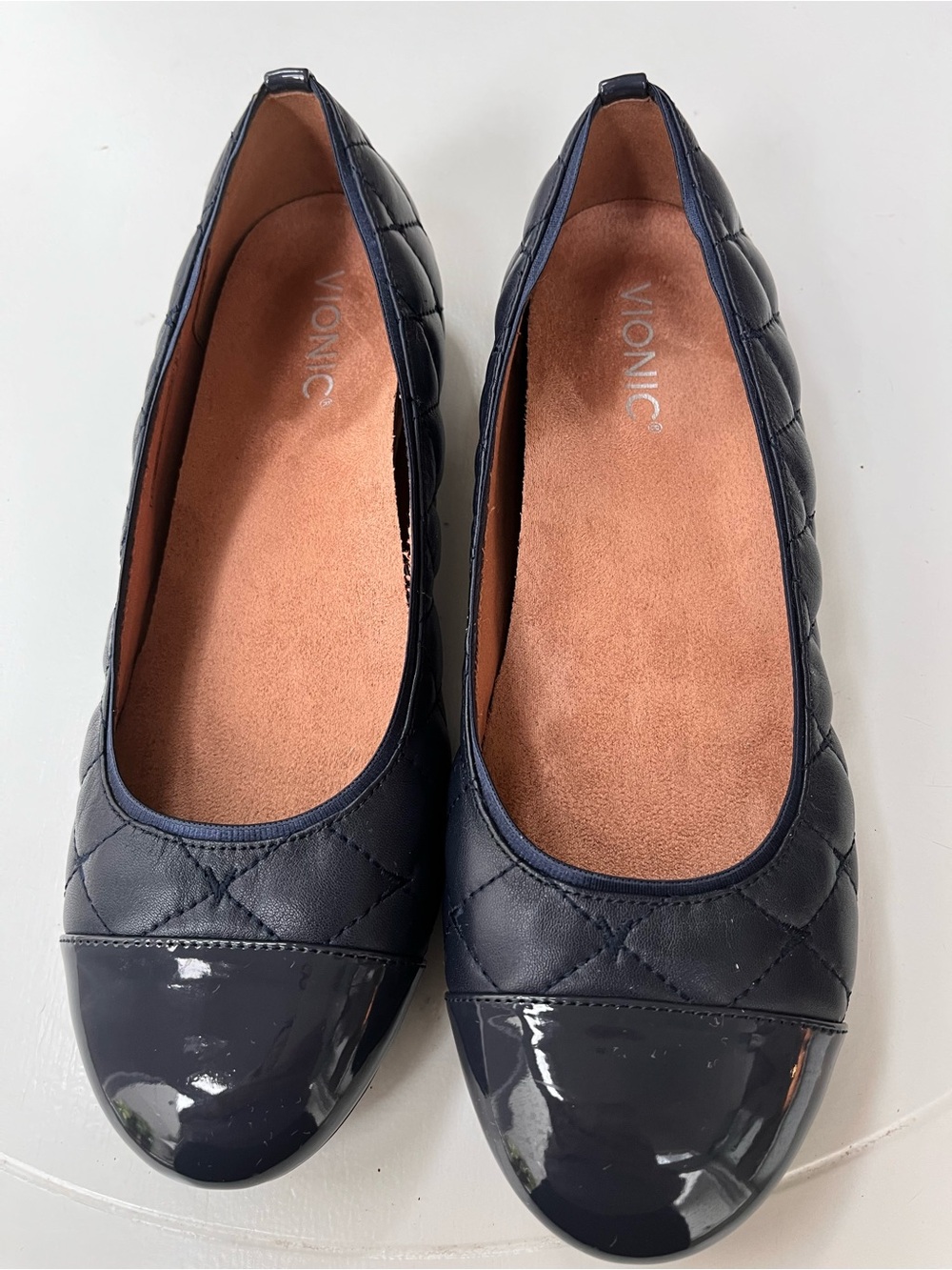 Vionic Navy Quilted Ballet Flat with Patent Cap Toe
